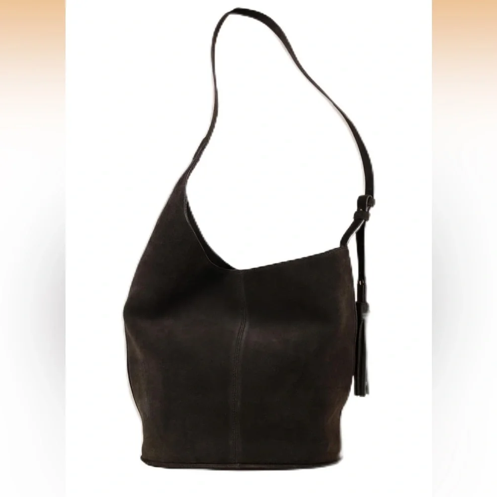 Sam Edelman🤎🖤 Astrid spiced pecan Suede Women's Black Leather Bucket Bag NWT